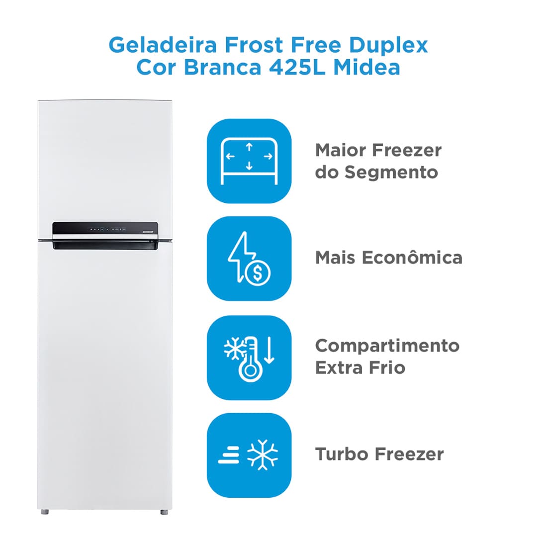 Espaço e modernidade. A Geladeira Frost Free Duplex 425 litros da Midea é a escolha perfeita para quem busca uma combinação de espaço e design moderno. Com o maior freezer do segmento, oferecendo 120 litros, ela proporciona amplo armazenamento para todas as suas necessidades, sem abrir mão da sofisticação.
