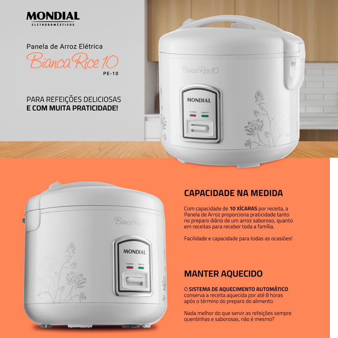 -Design moderno com decoração exclusiva: mais charme e beleza em sua cozinha; -Capacidade para até 10 xícaras; -Prepara arroz, risotos e muito mais; -Acompanha livro de receitas; -Válvula de saída de vapor: regula a pressão interna para um cozimento perfeito; -Tampa basculante com trava de segurança: permite a utilização prática e segura; -Revestimento antiaderente: facilita a limpeza; -Lâmpada Piloto: indica o funcionamento do aparelho; -Alça que facilita o transporte; -Coletor de vapor: recolhe a água