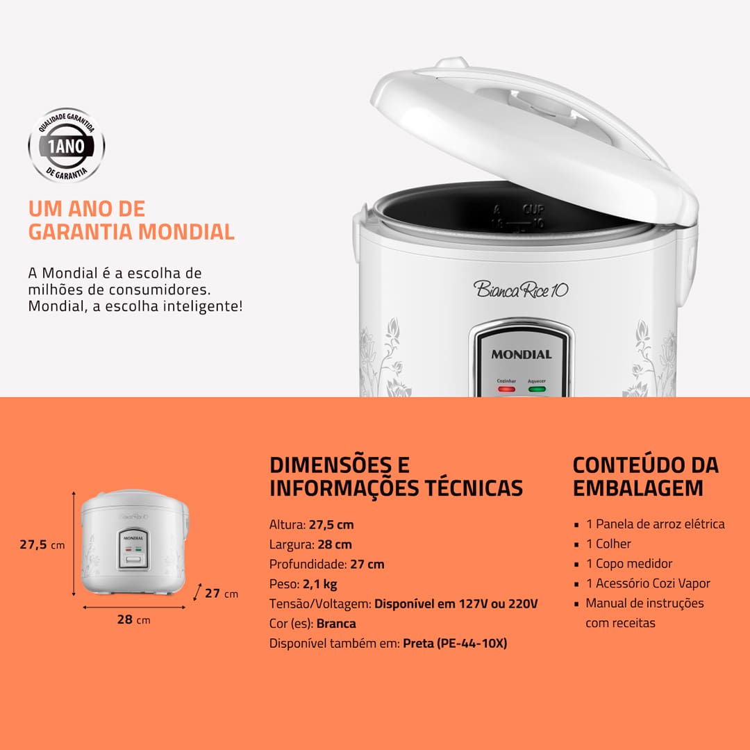 -Design moderno com decoração exclusiva: mais charme e beleza em sua cozinha; -Capacidade para até 10 xícaras; -Prepara arroz, risotos e muito mais; -Acompanha livro de receitas; -Válvula de saída de vapor: regula a pressão interna para um cozimento perfeito; -Tampa basculante com trava de segurança: permite a utilização prática e segura; -Revestimento antiaderente: facilita a limpeza; -Lâmpada Piloto: indica o funcionamento do aparelho; -Alça que facilita o transporte; -Coletor de vapor: recolhe a água