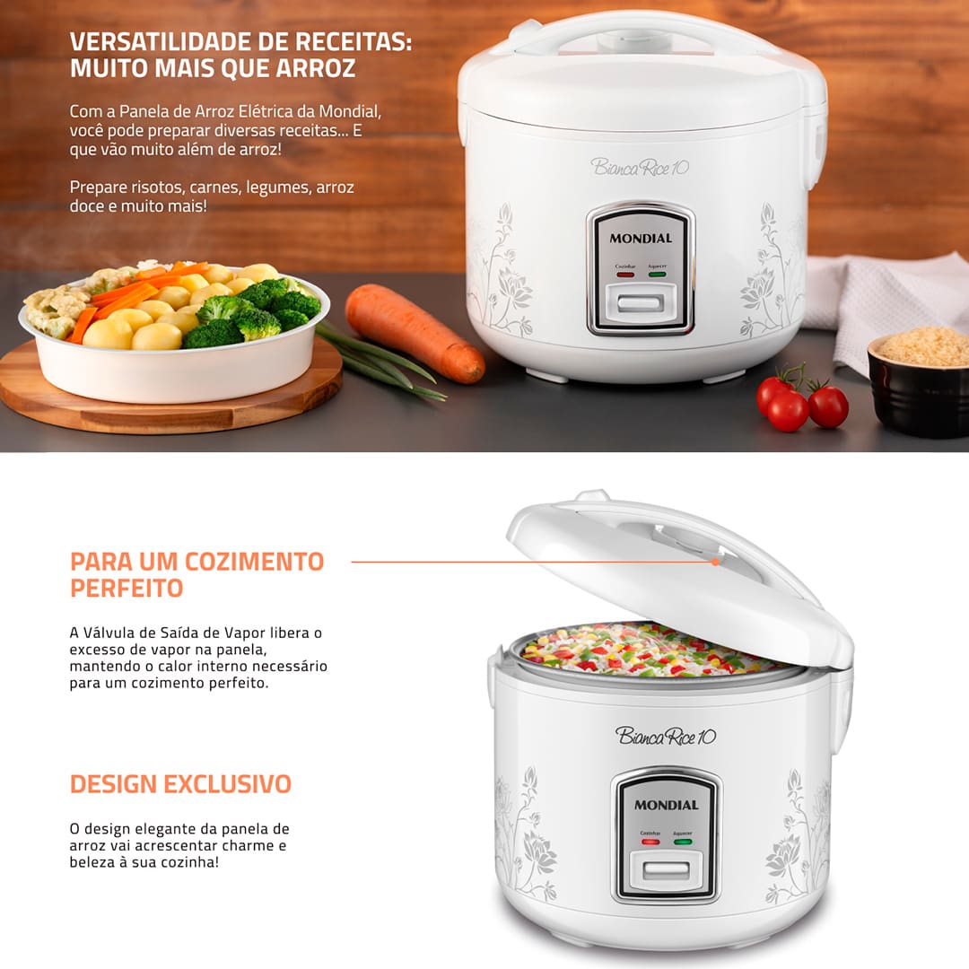-Design moderno com decoração exclusiva: mais charme e beleza em sua cozinha; -Capacidade para até 10 xícaras; -Prepara arroz, risotos e muito mais; -Acompanha livro de receitas; -Válvula de saída de vapor: regula a pressão interna para um cozimento perfeito; -Tampa basculante com trava de segurança: permite a utilização prática e segura; -Revestimento antiaderente: facilita a limpeza; -Lâmpada Piloto: indica o funcionamento do aparelho; -Alça que facilita o transporte; -Coletor de vapor: recolhe a água