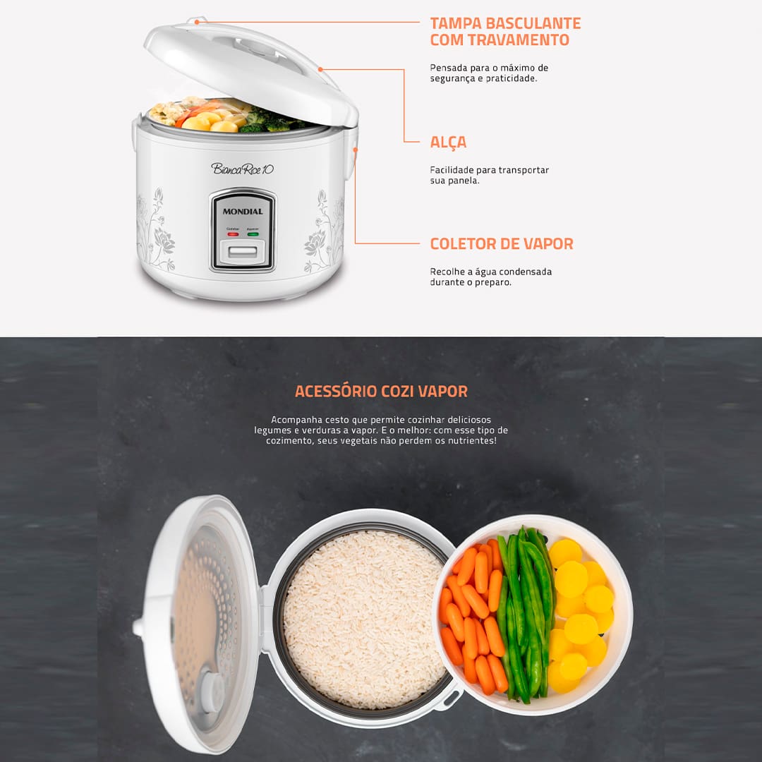 -Design moderno com decoração exclusiva: mais charme e beleza em sua cozinha; -Capacidade para até 10 xícaras; -Prepara arroz, risotos e muito mais; -Acompanha livro de receitas; -Válvula de saída de vapor: regula a pressão interna para um cozimento perfeito; -Tampa basculante com trava de segurança: permite a utilização prática e segura; -Revestimento antiaderente: facilita a limpeza; -Lâmpada Piloto: indica o funcionamento do aparelho; -Alça que facilita o transporte; -Coletor de vapor: recolhe a água