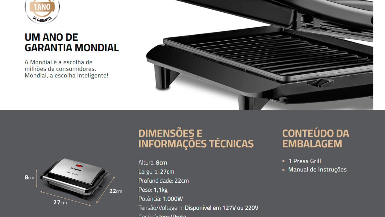Sanduicheira Grill Mondial Master Press PG-01 Inox