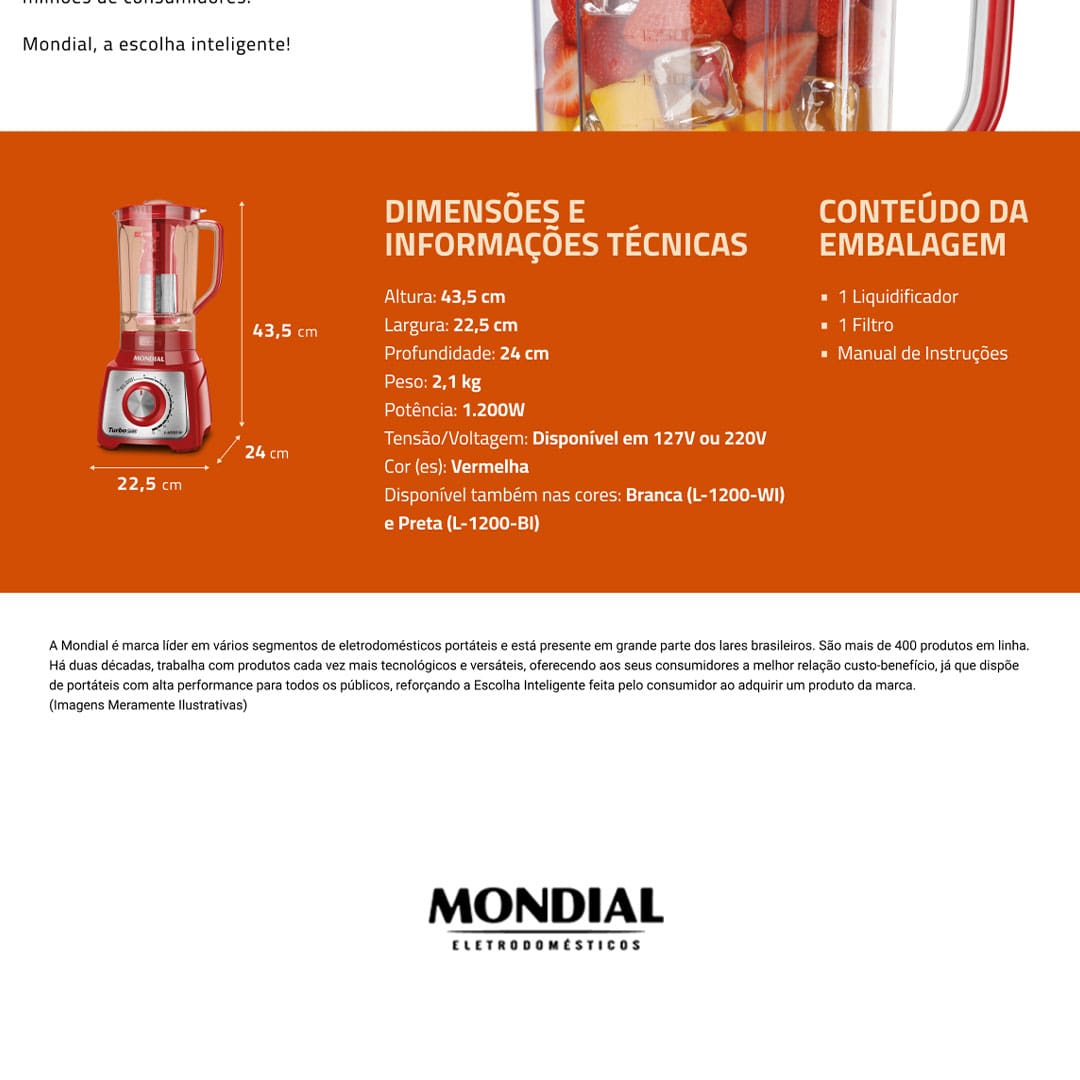 Liquidificador Mondial L1200 RI Turbo Inox Vermelho