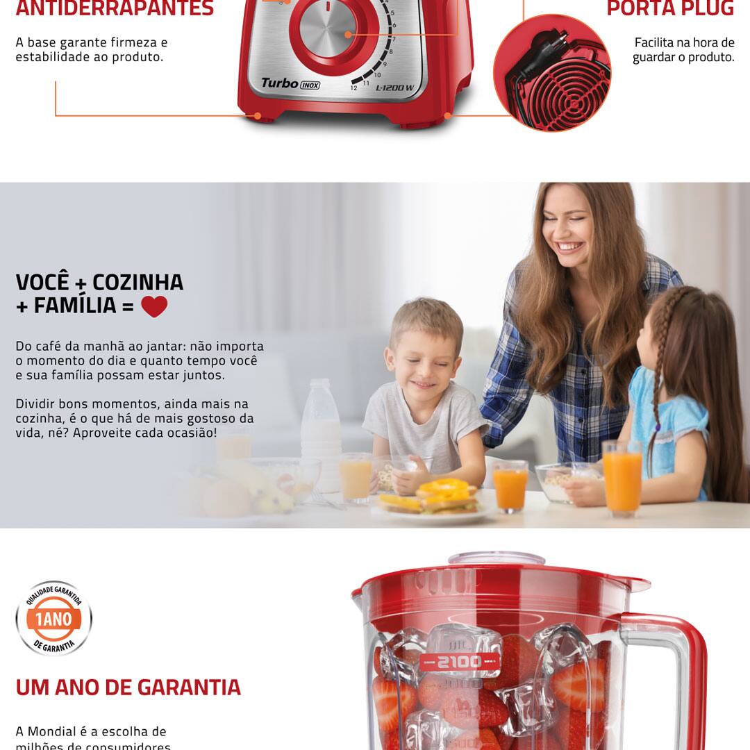 Liquidificador Mondial L1200 RI Turbo Inox Vermelho