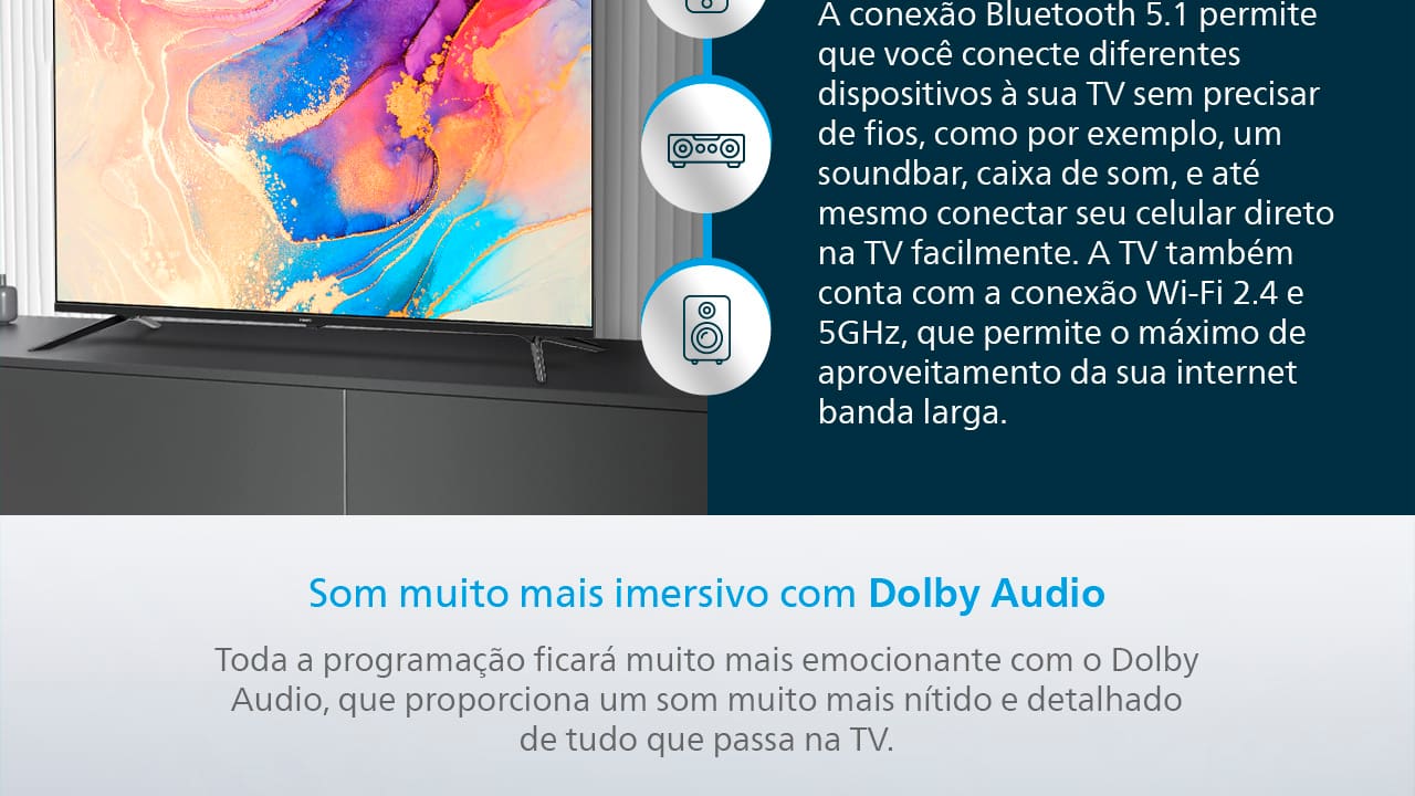 Qualidade de imagem impressionante em 4K A Smart TV Philips 50" 4K 50PUG7019 traz uma experiência visual imersiva com sua resolução Ultra HD 4K. Cada detalhe é exibido com precisão e nitidez, proporcionando cores vibrantes e contrastes profundos. Com uma tela plana de 50 polegadas, você desfruta de uma ampla visão, perfeita para assistir seus filmes, séries e jogos favoritos com qualidade cinematográfica.