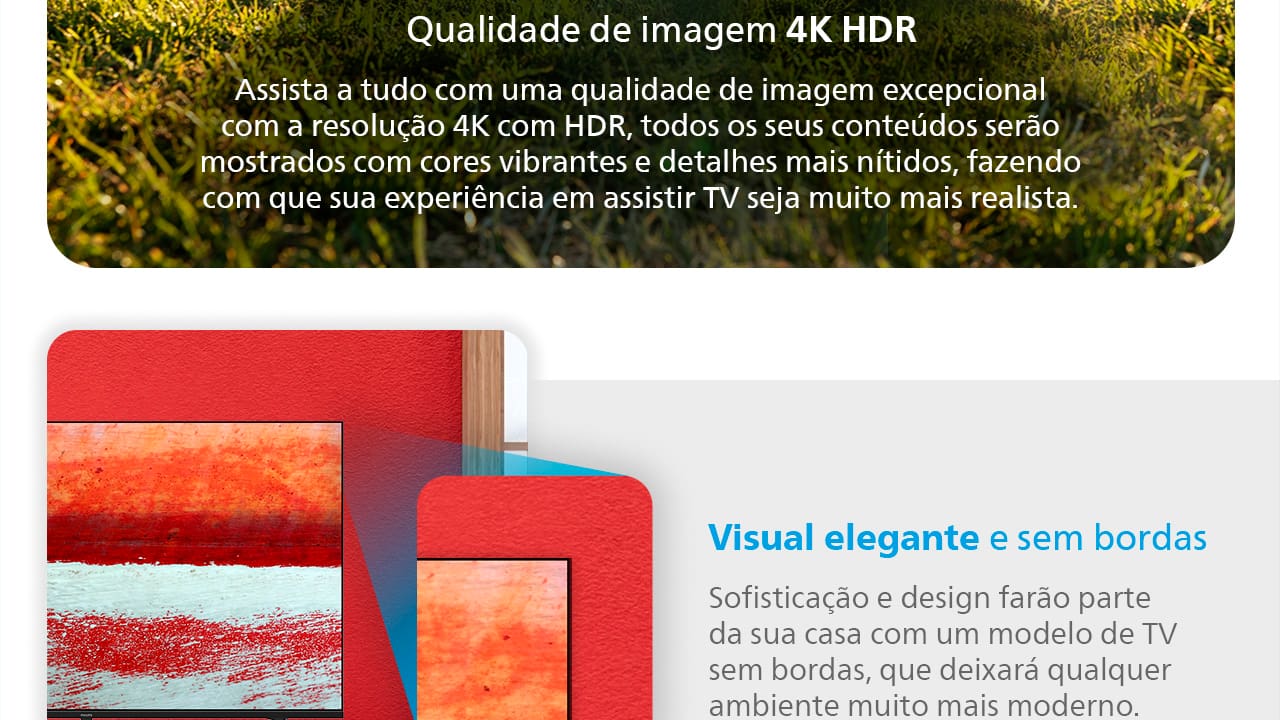 Qualidade de imagem impressionante em 4K A Smart TV Philips 50" 4K 50PUG7019 traz uma experiência visual imersiva com sua resolução Ultra HD 4K. Cada detalhe é exibido com precisão e nitidez, proporcionando cores vibrantes e contrastes profundos. Com uma tela plana de 50 polegadas, você desfruta de uma ampla visão, perfeita para assistir seus filmes, séries e jogos favoritos com qualidade cinematográfica.