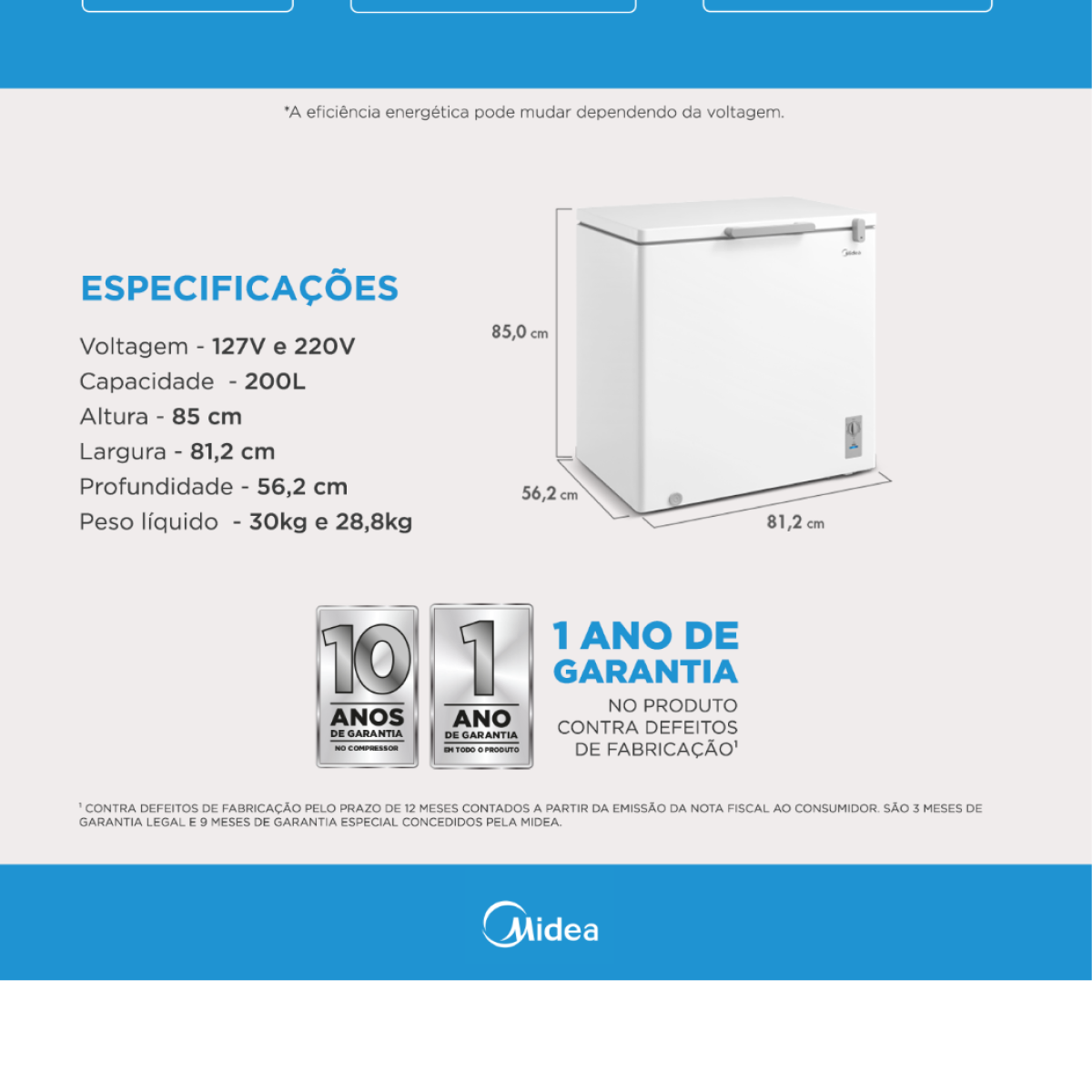 Freezer Horizontal Midea MDRC280 200 litros - Branco