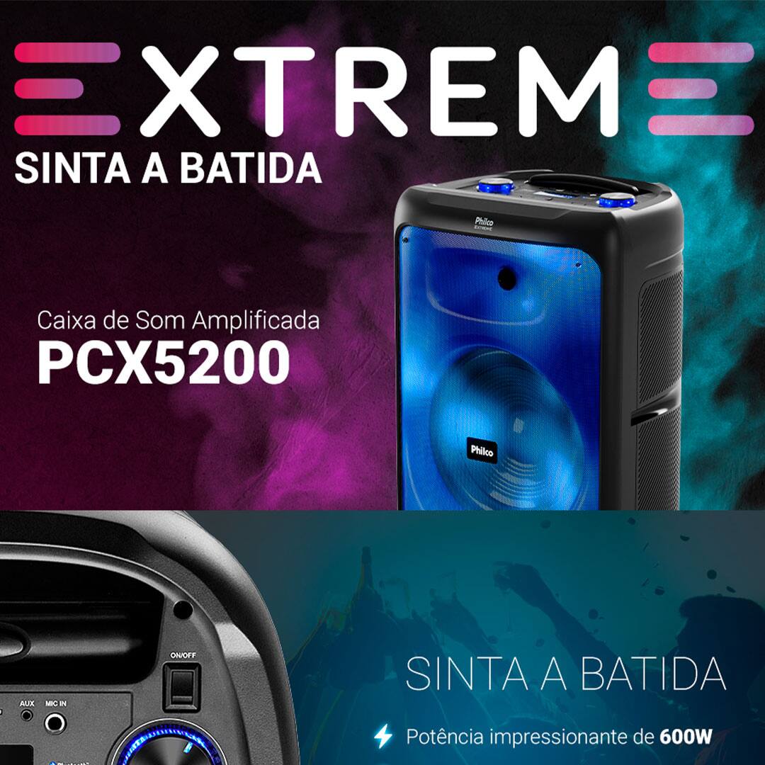 Caixa de Som Philco PCX5200 com Bluetooth, Radio FM, 4.400 mAh, Display Digital e Iluminação LED - 600W