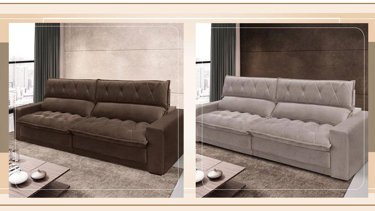 dois sofás Gralha Azul Albany Soft bege marrom sala estar piso chão tapete parede fundo janela cortina aberta mesa pequena centro objetos decorativos  