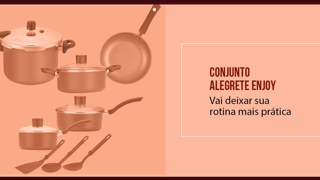 Conjunto Alegrete Enjoy vai deixar sua rotina mais prática panelas pressão caçarola fervedor frigideiras tampas colher escumadeira espátula perfurada fundo vermelho 